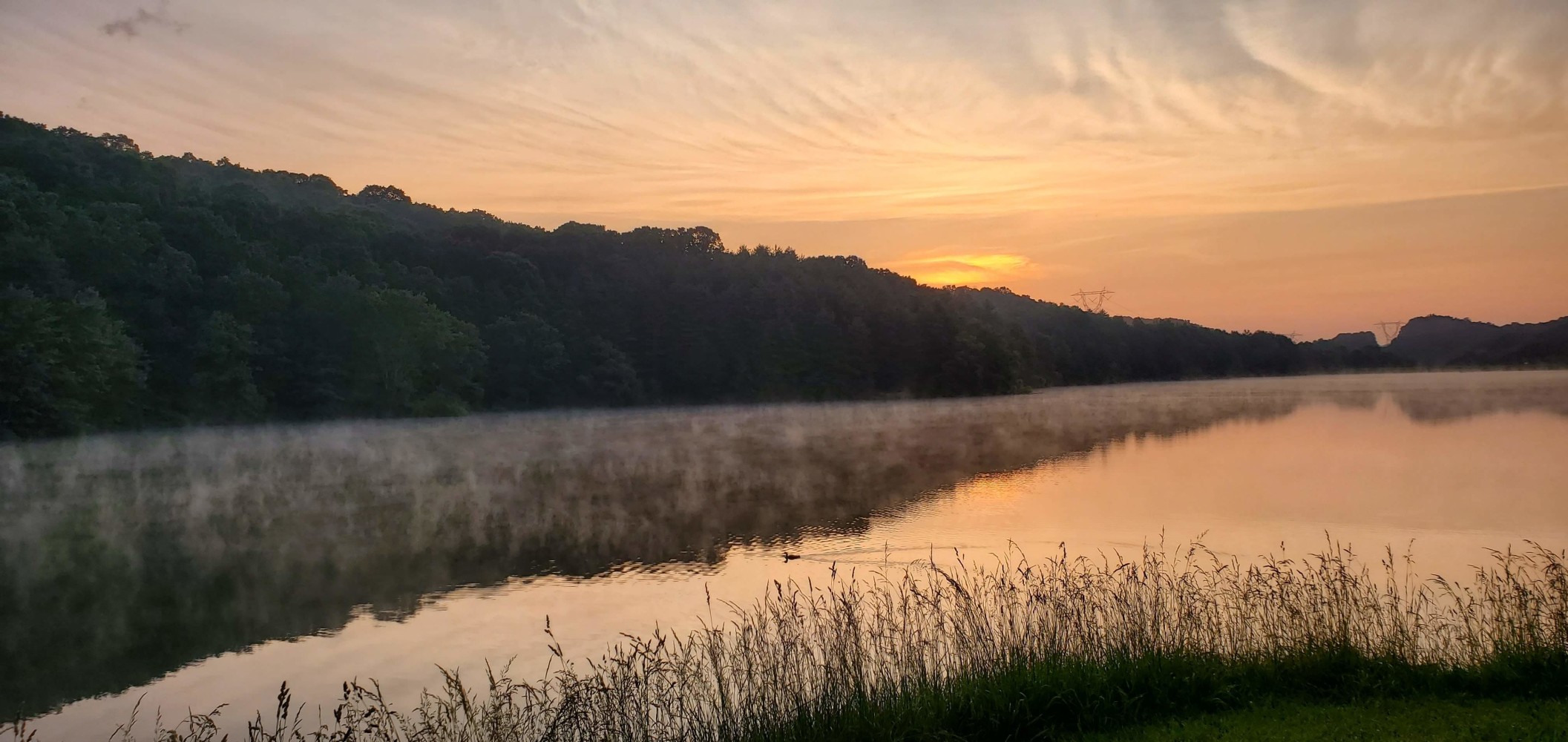 Rural Retreat Lake at dawn, with rising mist and a loon.