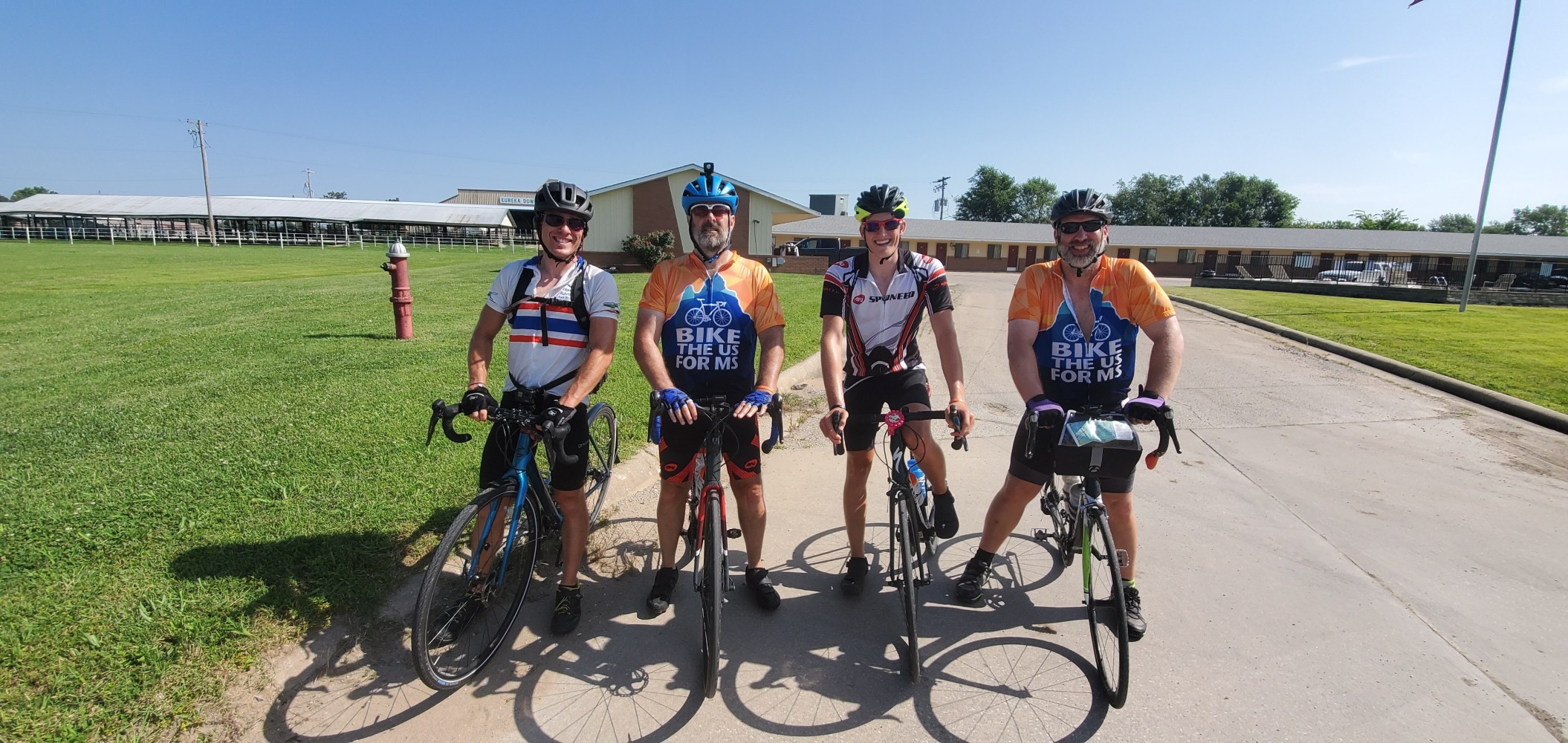 My new Bike the US for MS friends (L to R): JD, Jeff, Adam and Glen. I rode with Jeff and Glen for at least thirty miles, but JD and Adam showed up as we were rolling into Eureka. Adam ran over a dead, but largely intact, armadillo. The riders behind him thought he did it on purpose, but it was because he was looking at his phone. Fortunately, he didn't crash. Unfortunately, we don't have video of the incident.