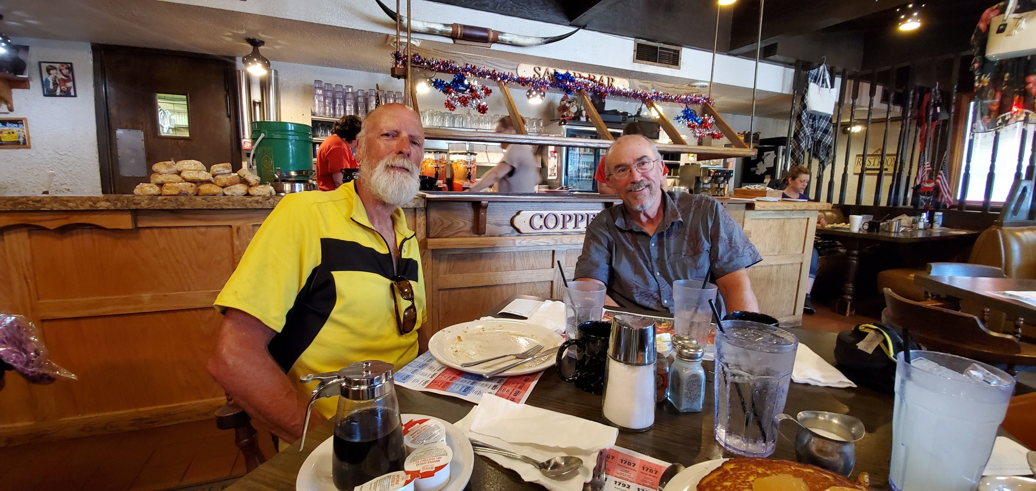 I met Ken and Bob at the Copper Kettle in Eureka. They're riding east to Yorktown, but they are from Camano Island! Small world!