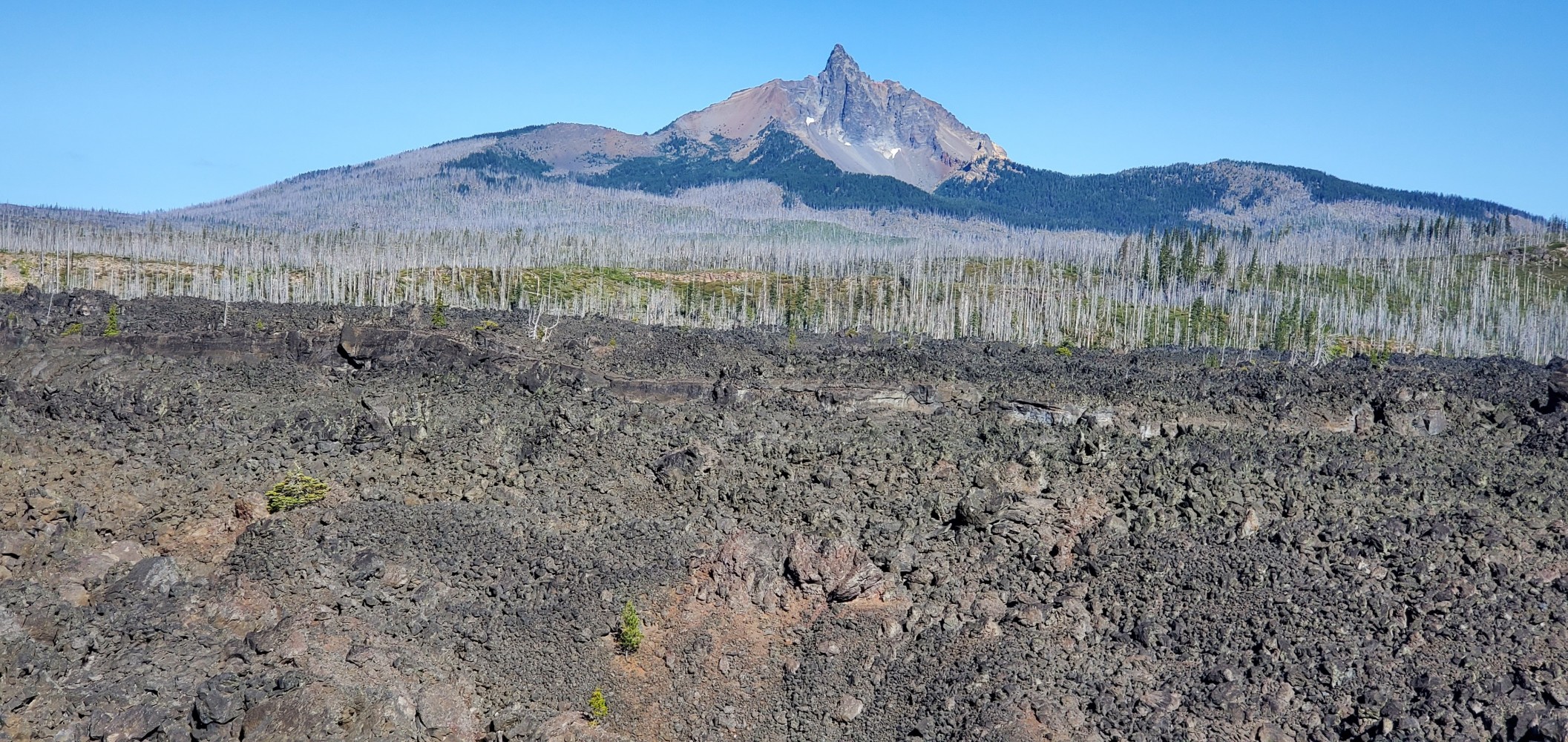 Lava field with one of the Sisters in the distance