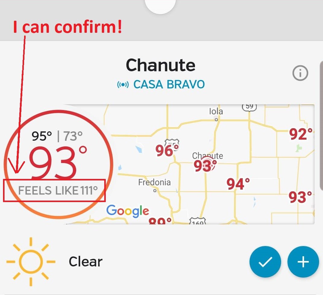 Wunderground says it feels like 111°F (44°C). I think that's about right! It's not as bad when I am riding, but standing around or walking is pretty miserable.
