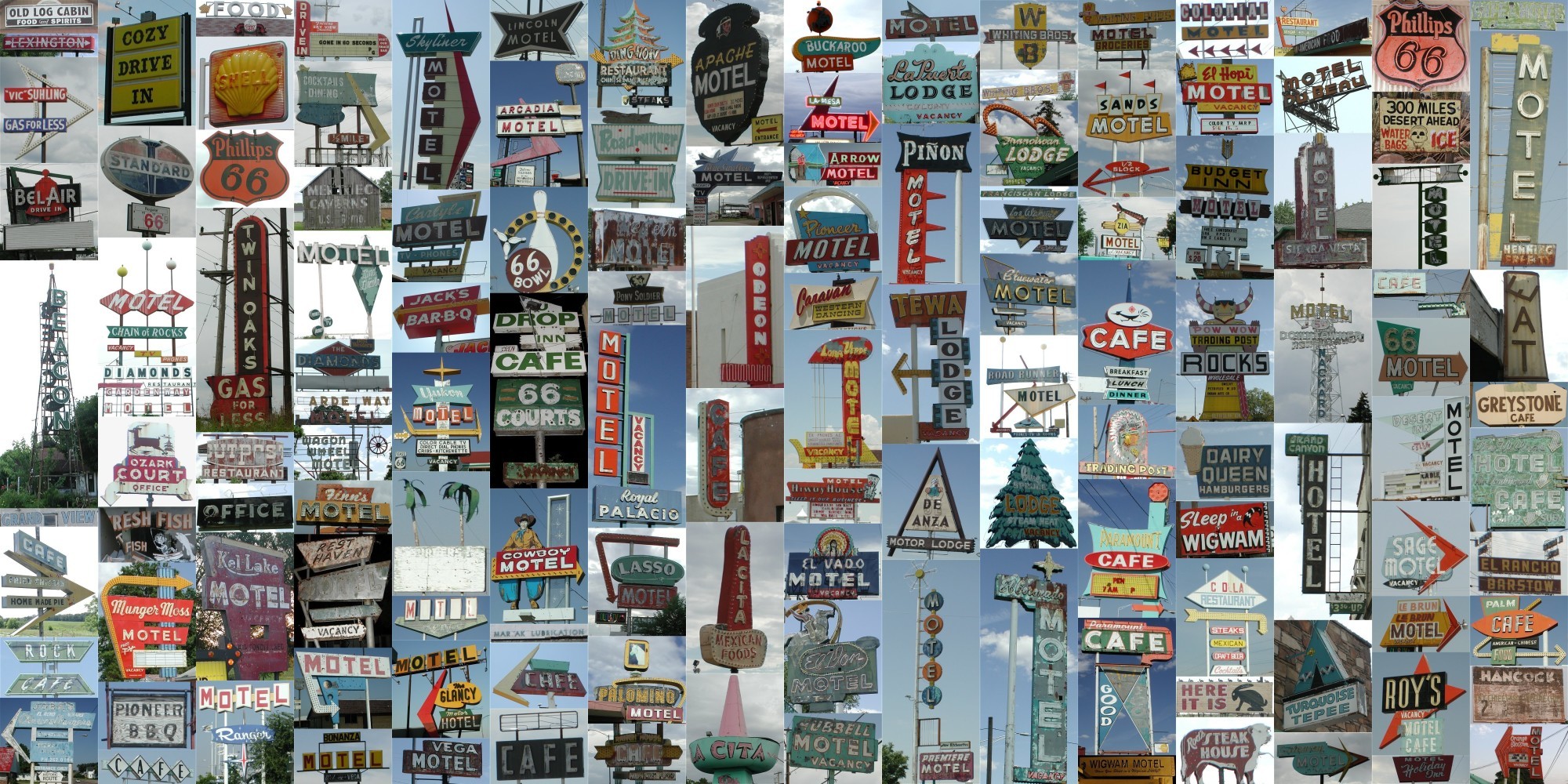 Sign collage I created and printed as a poster. All of those pictures were taken on our 2000 journey, with a Nikon 990 digital camera.